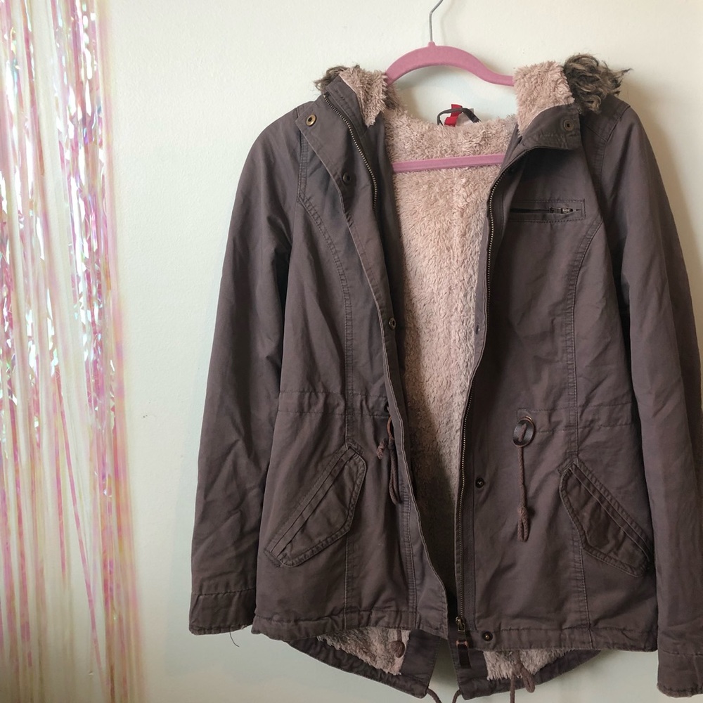 Brown parka with fur lined hood